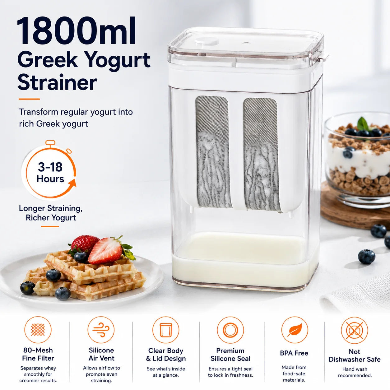 Multi-Purpose 1100ML Yogurt Strainer & Filter | BPA-Free Greek Yogurt Maker for Homemade Yogurt, Labneh, Hung Curd, Soft Cheese & Healthy Drinks