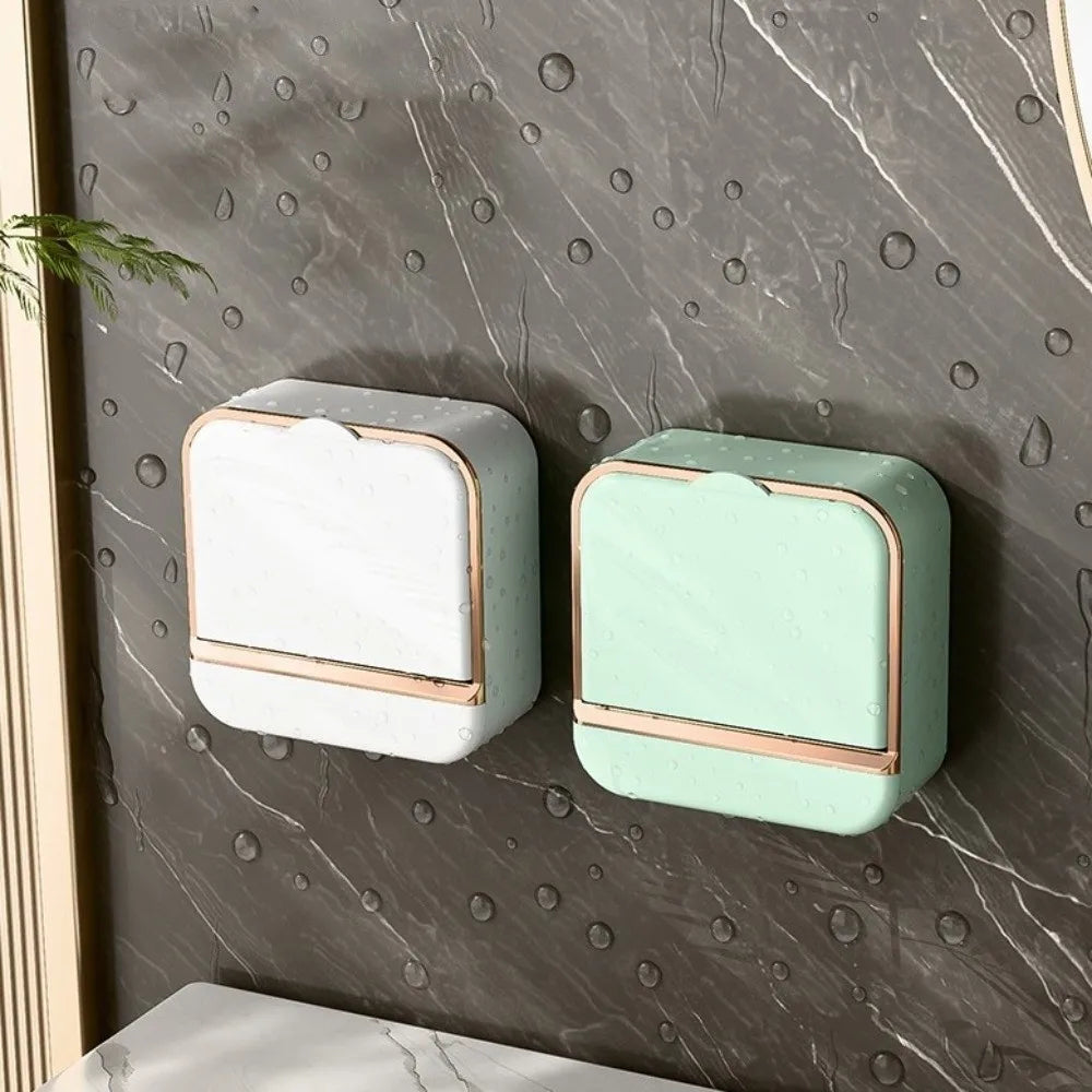Luxury Wall-Mounted Soap Holder with Drain Tray & Flip Lid – Waterproof Soap Dish for Bathroom & Shower