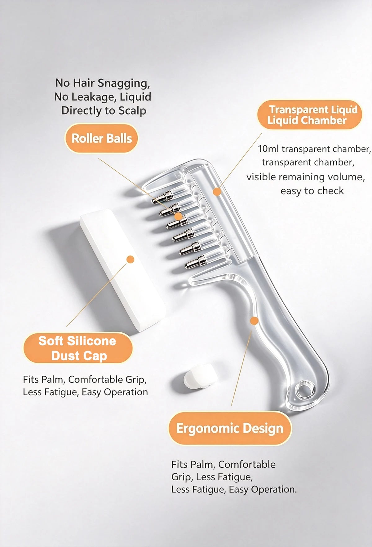 3-in-1 Scalp & Beard Oil Applicator Comb – Rolling Massage Teeth with Built-In Liquid Reservoir for Hair & Beard Care