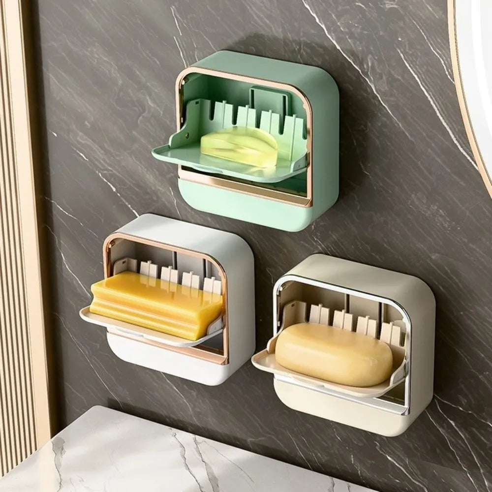 Luxury Wall-Mounted Soap Holder with Drain Tray & Flip Lid – Waterproof Soap Dish for Bathroom & Shower