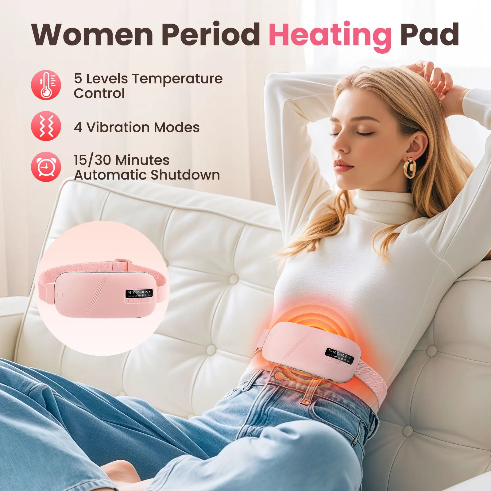 Menstrual Relief Belt – Heated Massage Pad for Period Cramps with 3 Heat Levels & 4 Massage Modes