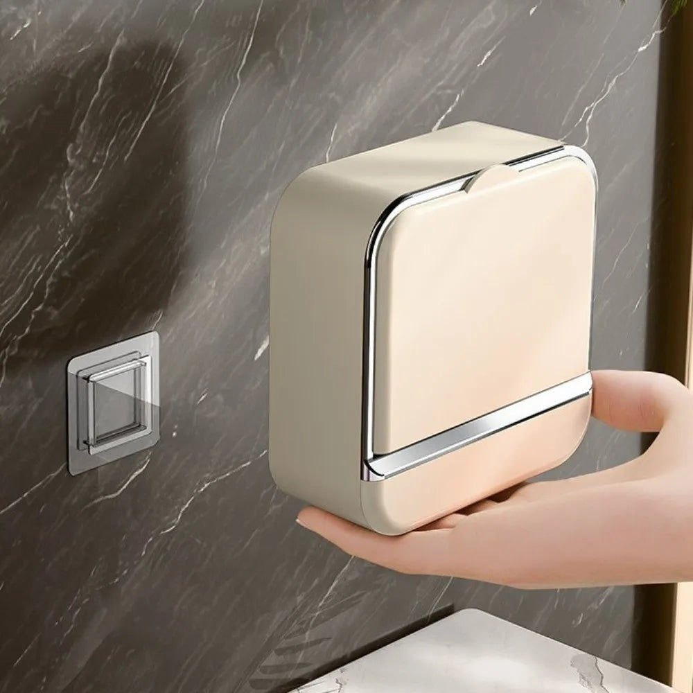 Luxury Wall-Mounted Soap Holder with Drain Tray & Flip Lid – Waterproof Soap Dish for Bathroom & Shower