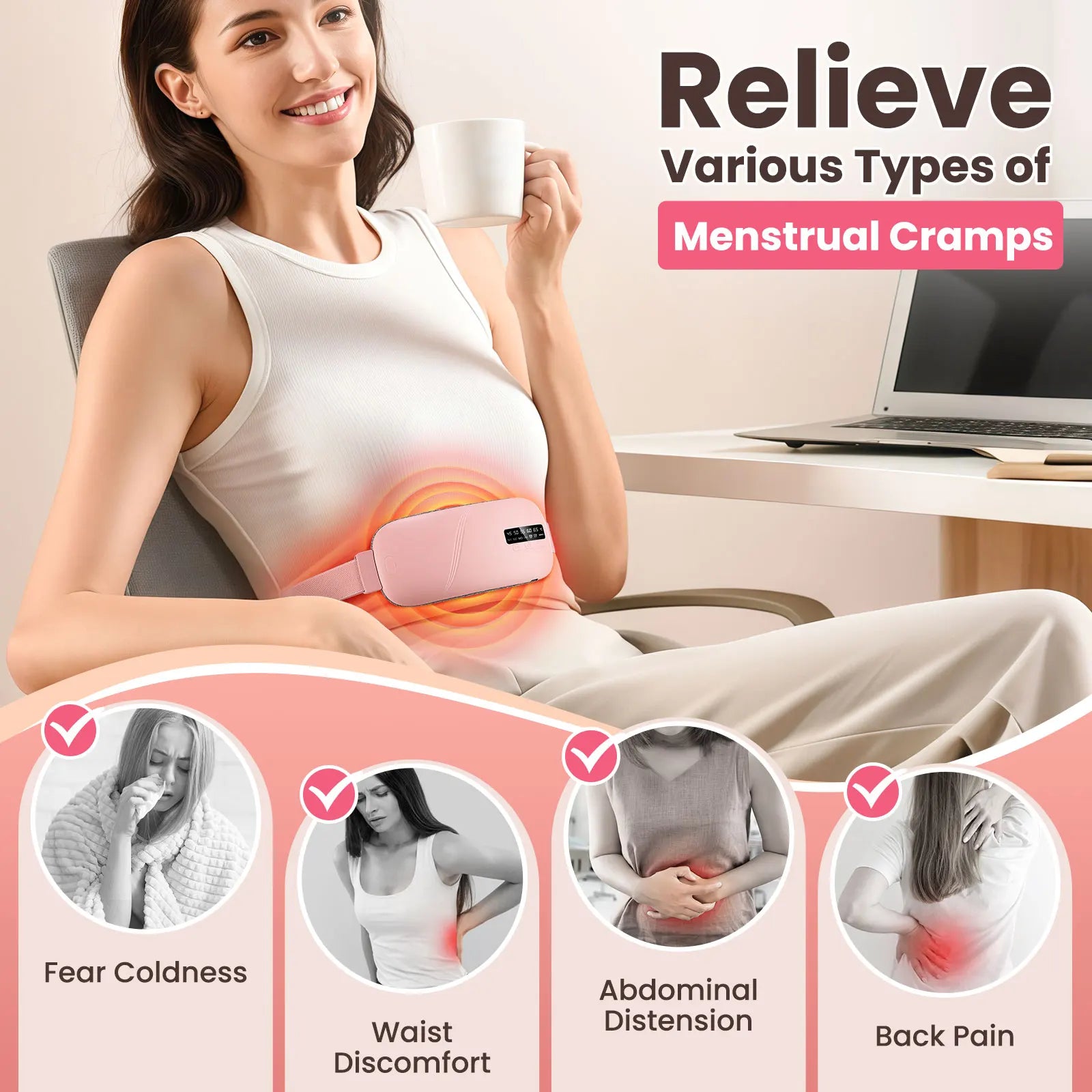 Menstrual Relief Belt – Heated Massage Pad for Period Cramps with 3 Heat Levels & 4 Massage Modes